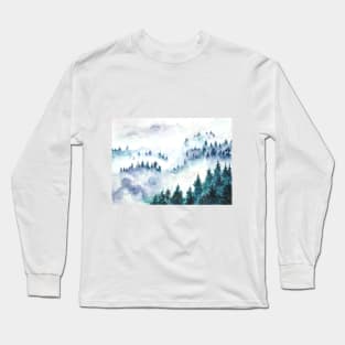 pine tree jungle in mist watercolor Long Sleeve T-Shirt